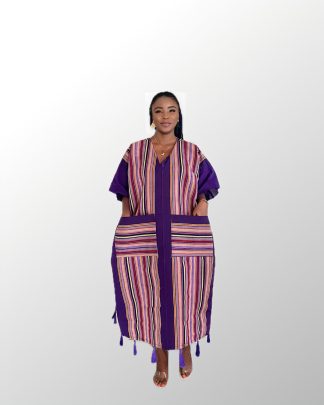 Woman wearing a burgundy Aso Oke Bubu dress with intricate patterns”