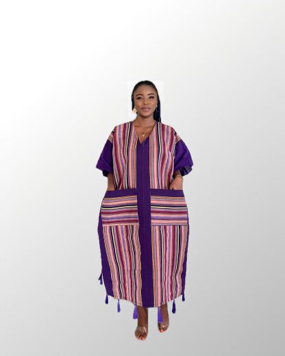 Woman wearing a burgundy Aso Oke Bubu dress with intricate patterns”