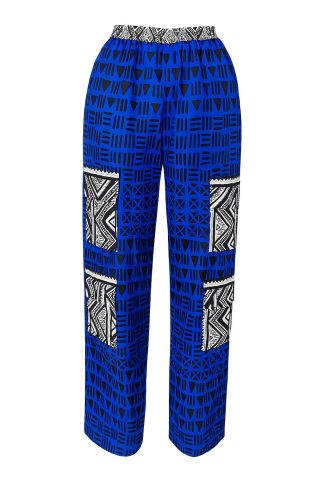 Ankara cargo pants with 4 functional pockets, designed in bold African print fabric on a clean white background