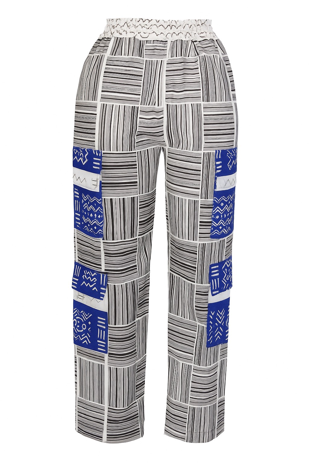 Ankara cargo pants with 4 functional pockets, designed in bold African print fabric on a clean white background
