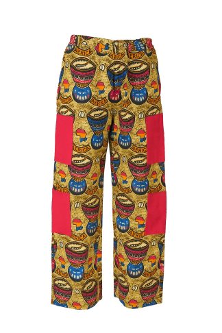 “Ankara cargo pants with 4 functional pockets, designed in bold African print fabric on a clean white background.”