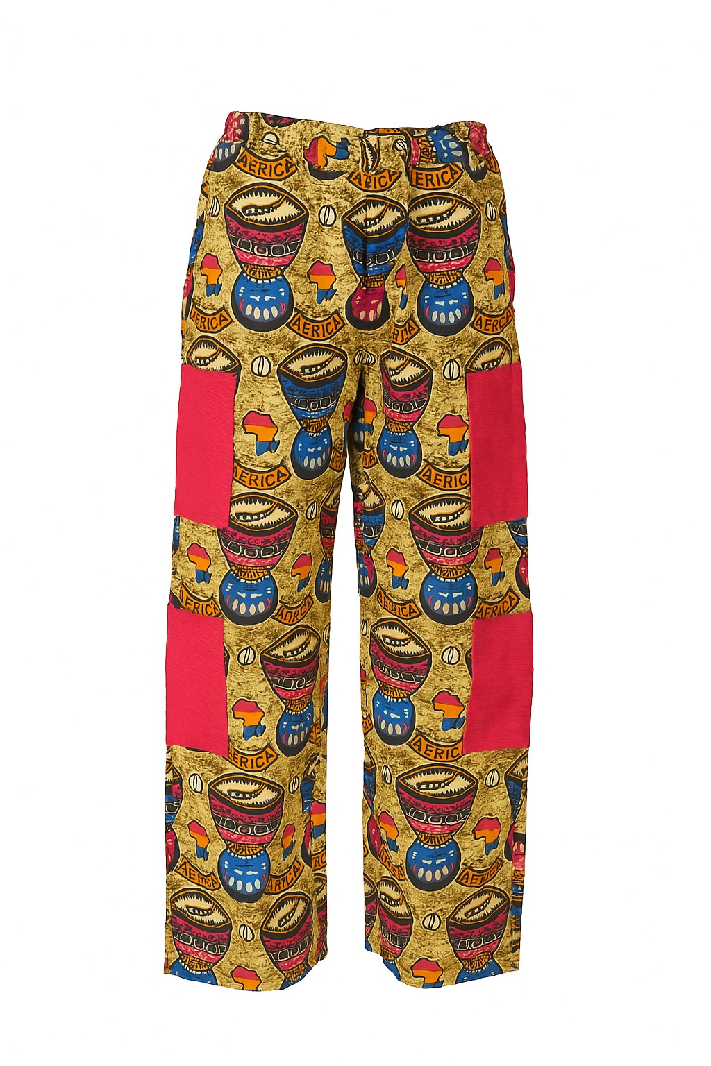 “Ankara cargo pants with 4 functional pockets, designed in bold African print fabric on a clean white background.”