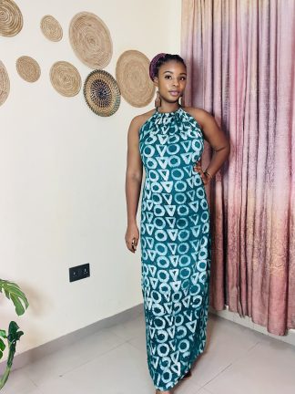 Elegant Kabani backless dress made with adire fabric, featuring an open back design for a bold and stylish look